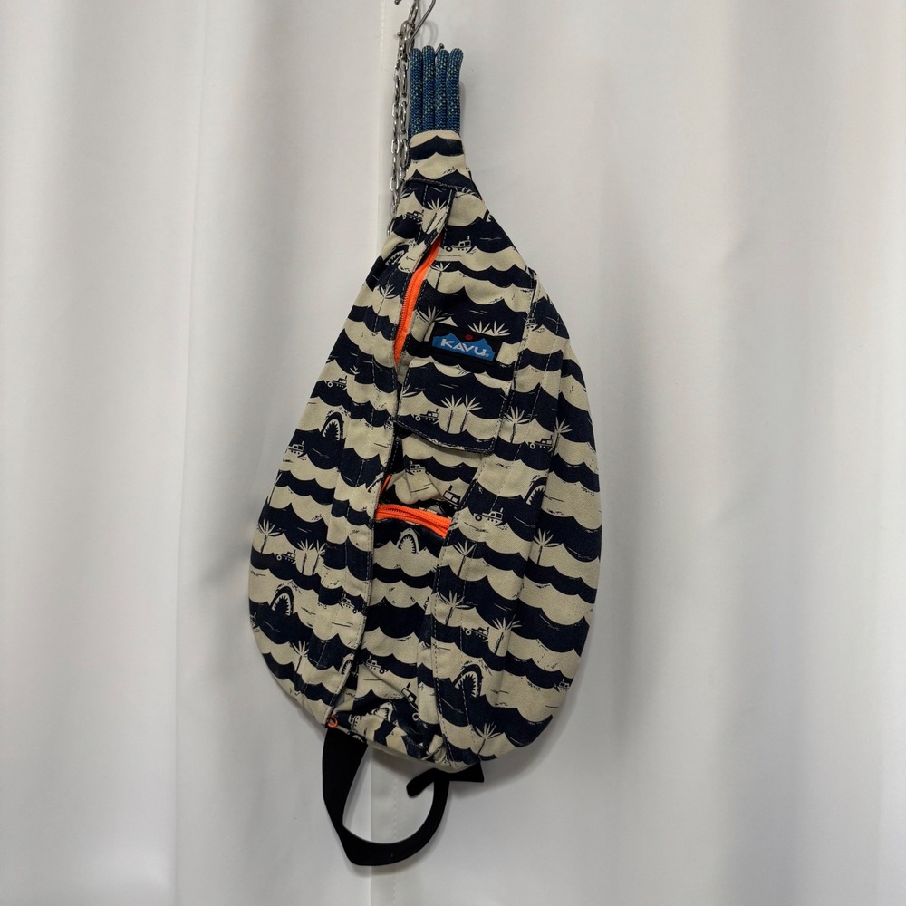 KAVU Rope Bag Sling Backpack Navy Cream Shark Wave Nautical Print Canvas